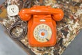 Antique Vintage Analog Orange Phone, Communication Concept Theme Royalty Free Stock Photo