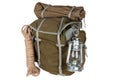 Antique vintage backpack with rope and gas lantern Royalty Free Stock Photo