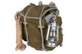 Antique vintage backpack with rope and gas lantern Royalty Free Stock Photo