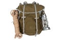 Antique vintage backpack with rope and gas lantern Royalty Free Stock Photo