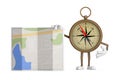 Antique Vintage Brass Compass Cartoon Person Character Mascot with Abstract City Plan Map. 3d Rendering