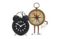 Antique Vintage Brass Compass Cartoon Person Character Mascot with Alarm Clock. 3d Rendering