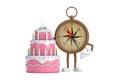 Antique Vintage Brass Compass Cartoon Person Character Mascot with Birthday Cartoon Dessert Tiered Cake and Candles. 3d Rendering