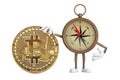 Antique Vintage Brass Compass Cartoon Person Character Mascot with Cryptocurrency Golden Bitcoin Coin. 3d Rendering