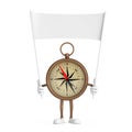 Antique Vintage Brass Compass Cartoon Person Character Mascot and Empty White Blank Banner with Free Space for Your Design. 3d Royalty Free Stock Photo