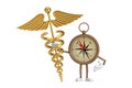 Antique Vintage Brass Compass Cartoon Person Character Mascot with Golden Medical Caduceus Symbol. 3d Rendering