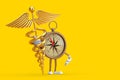 Antique Vintage Brass Compass Cartoon Person Character Mascot with Golden Medical Caduceus Symbol. 3d Rendering