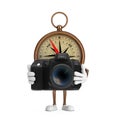 Antique Vintage Brass Compass Cartoon Person Character Mascot with Modern Digital Photo Camera. 3d Rendering