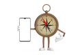 Antique Vintage Brass Compass Cartoon Person Character Mascot and Modern Mobile Phone with Blank Screen for Your Design. 3d Royalty Free Stock Photo
