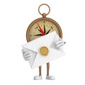 Antique Vintage Brass Compass Cartoon Person Character Mascot with White Blank Envelope. 3d Rendering Royalty Free Stock Photo