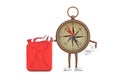 Antique Vintage Brass Compass Cartoon Person Character Mascot with White Flag with Red Metal Jerrican Canister. 3d Rendering