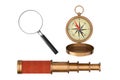 Antique Vintage Brass Compass, Telescope Spyglass and Magnifying Glass. 3d Rendering