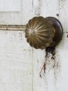 Old Brass Fluted Doorknob on a White Weathered Door Detail Closeup Royalty Free Stock Photo