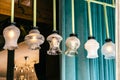 Antique vintage chandeliers with lamps inside, retro exterior detail.