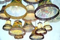 Antique or vintage lampshades hanging in a display group