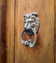 A vintage metal handle hasp knocker in the shape of a head of lion.