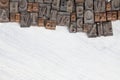 Antique vintage movable type alphabet set on white wooden deck