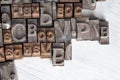 Antique vintage movable type alphabet set on white wooden deck