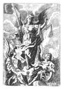 Vintage Antique Religious Allegorical Drawing or Engraving of Archangel Gabriel With Scale and Sword and Two More Angels