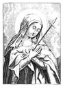 Vintage Antique Religious Allegorical Drawing or Engraving of Christian Holy Woman or Saint or Virgin Mary with Sword