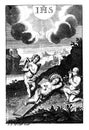 Vintage Antique Religious Drawing or Engraving of Baby Jesus Sleeping on Cross and Two Cherubs or Angels Watching Him.