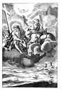 Vintage Antique Religious Drawing or Engraving of God, Jesus and Angel are Flying on Cloud over Landscape or Earth.