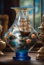 Antique vintage vase made of clear blue glass. The vase is painted with a sailboat and roses on the rocks Royalty Free Stock Photo