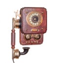 Antique wall telephone with rotary dial on white background