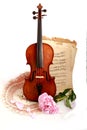 Antique violin, notes and peon