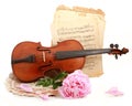 Antique violin, notes and peon Royalty Free Stock Photo