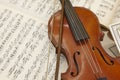 Antique violin and score detail still life. Musical background