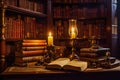 Antique volumes in the library illuminated by candles