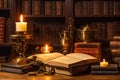 Antique volumes in the library illuminated by candles