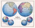 1874 Antique Warren Print of the World in Hemispheres with Polar Projections Royalty Free Stock Photo