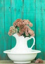 Antique water pitcher and basin with flowers by rustic green wood background Royalty Free Stock Photo