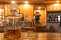 Antique whiskey bottle on top of bar counter. Royalty Free Stock Photo