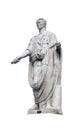 Antique white marble statue of Roman patrician in toga with sumdam in hand on street of Rome in Italy isolated on white background Royalty Free Stock Photo