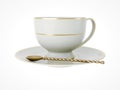 Antique white porcelain cup with gold, gold tea spoon on white. 3D Illustration Royalty Free Stock Photo