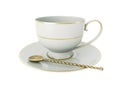 Antique white porcelain cup with gold, gold tea spoon on white. 3D Illustration Royalty Free Stock Photo