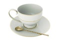 Antique white porcelain cup with gold, gold tea spoon on white. 3D Illustration Royalty Free Stock Photo