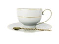 Antique white porcelain cup with gold, gold tea spoon on white. 3D Illustration Royalty Free Stock Photo