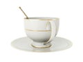 Antique white porcelain cup with gold, gold tea spoon on white. 3D Illustration