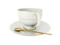 Antique white porcelain cup with gold, gold tea spoon on white. 3D Illustration Royalty Free Stock Photo