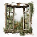 An antique Window In An Abandoned House in the style of a vintage illustration Royalty Free Stock Photo