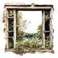 An antique Window In An Abandoned House in the style of a vintage illustration Royalty Free Stock Photo