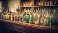 Antique wine bottles in a row on old wooden shelf generated by AI Royalty Free Stock Photo