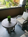 Antique wood furniture in Balinese hotel lobby