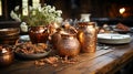 Antique wood table adorned with shiny copper pottery rustic