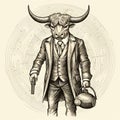 Comical Bull Man In A Suit With Teapot - Vintage Illustration