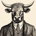 Hyper-detailed Vintage Graphic Design: A Satirical Portrait Of A Cow In A Suit